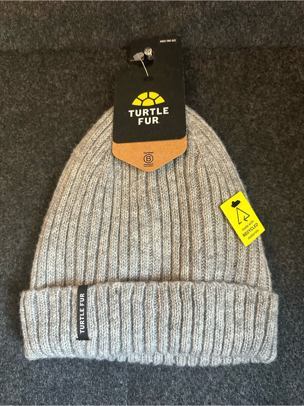 Turtle Fur Adult Cuffed Beanie Hat Grey Recycled Knit Winter Cap
